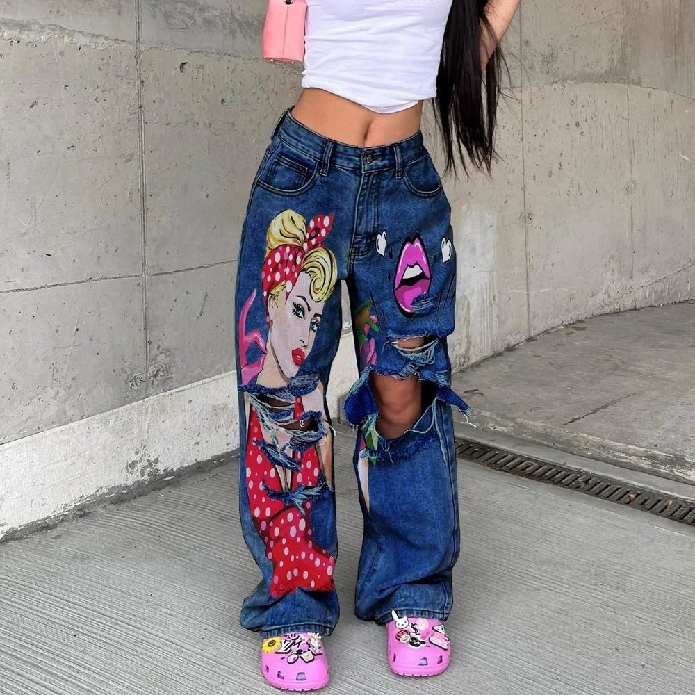 Distressed Jeans Ripped Graphic Print Denim Streetwear Jeans Size‎ L